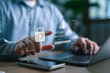 Aufkleber - Cybersecurity and login authentication concept. Man entering secure username and password with digital interface, access control, identity verification, and data protection for online safety.