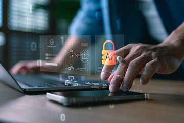 Poster - Cybersecurity with AI technology concept showing data protection and secure login. Man using tablet and laptop with futuristic interface for online safety, encryption, and digital privacy.