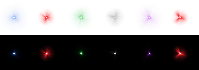 Poster - vibrant PNG set of sparkling lens flares, glowing stars, sunbursts, and light effects in gold, green, blue, and pink—perfect for magical, realistic, or festive designs.