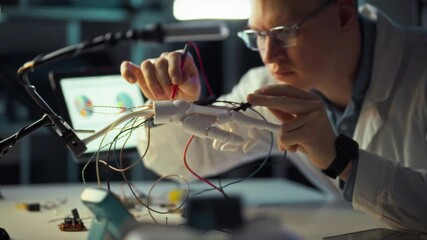 An engineer is focused on assembling a robotic hand prototype while connecting wires to sensors in a modern laboratory