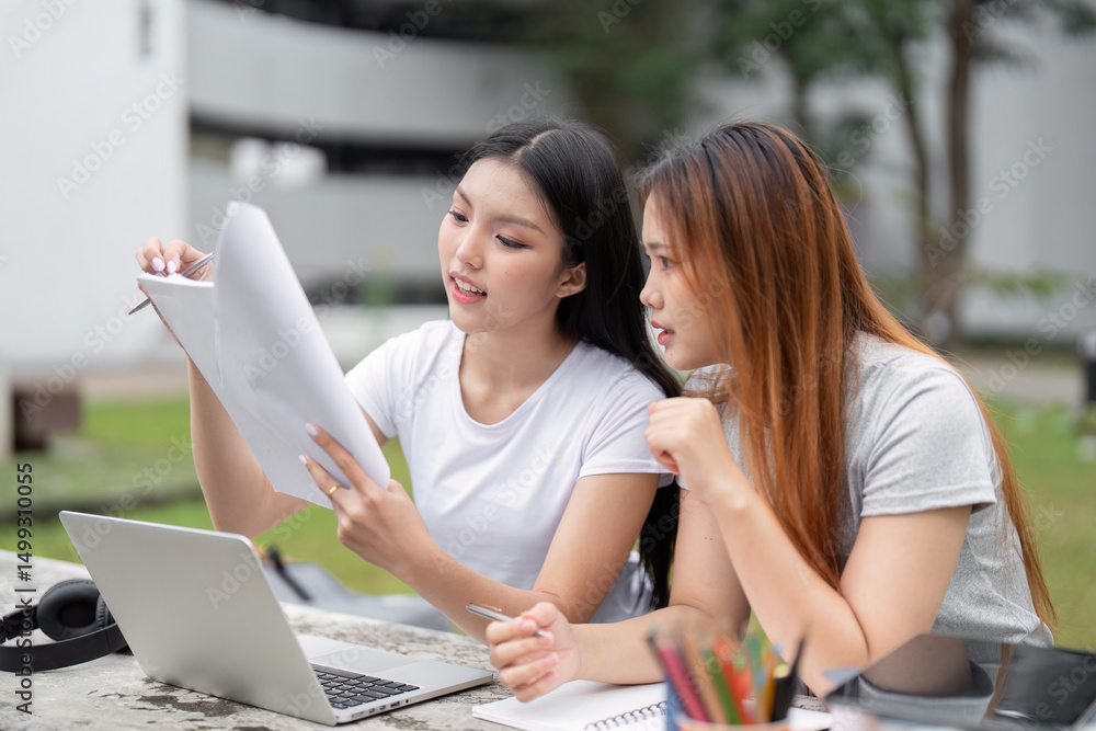 Focus and Study Techniques. Two students collaborating on their studies ...