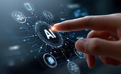 Aufkleber - Hand touching ai button on a virtual screen, activating artificial intelligence in a futuristic business interface