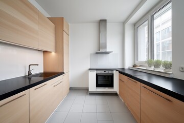 Aufkleber - Natural light illuminates a modern minimalist kitchen featuring sleek design, light wood cabinets, and dark countertops