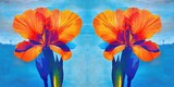 Dwa symetryczne, jaskrawe kwiaty w kolorach pomarańczowym i niebieskim na tle akwarelowego nieba.