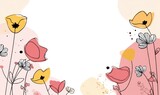Wektorowa ilustracja z kwiatami w stylu szkicu, pastelowe plamy i delikatne linie.