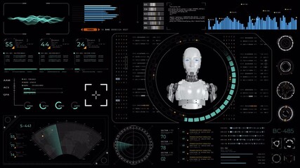 Wall Mural - motion graphic of blue digital robot head with hud ui and futuristic technology abstract background 