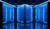 Futurystyczne centrum danych, niebieskie oświetlenie LED, serwery, technologia, innowacja