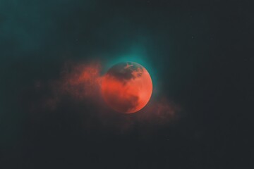 abstract cosmic scene with planet and red grunge cloud in dark space background