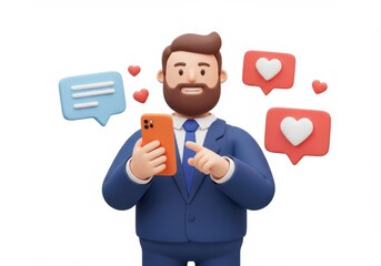 3d illustration of cartoon man in a suit using a smartphone surrounded by message and like icons iso