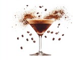 Delicious espresso martini cocktail in a martini glass with coffee beans and cocoa powder isolated on white background