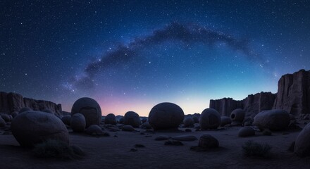 Wall Mural - celestial spheres and starry cliffs - surreal landscape of rounded rocks, towering cliffs, and a vib
