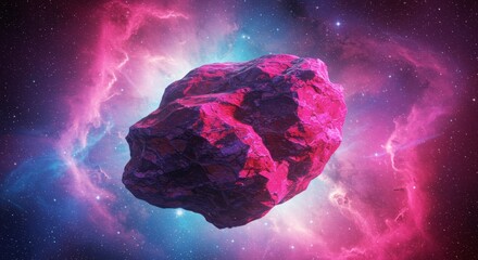 Wall Mural - cosmic pink asteroid in nebula - a vibrant pink asteroid floats amidst a swirling pink and blue nebu