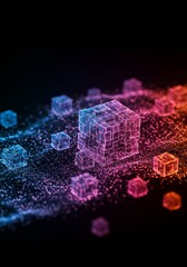 Wall Mural - cube network - abstract of glowing cubes forming a network, representing data, technology, or connec