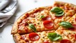 © Praphapan - A mouthwatering pizza with pepperoni, cheese and basil leaves, sliced and ready to eat. The crust looks golden brown and crispy, promising a delicious meal