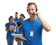 © New Africa - Technical support call center. Team of friendly operators on white background