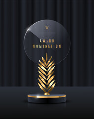 Wall Mural - Glass award trophy.Transparent prize template with golden palm branch. Winner first place concept. Vector illustration.