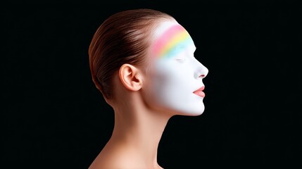 Wall Mural - woman with rainbow colored makeup on her face. the makeup is very bright and colorful. the woman has