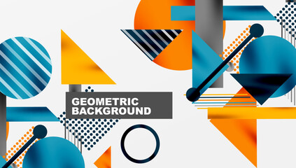 Fototapete - Abstract geometric composition. Shapes overlap, creating dynamic visual effect. Orange, blue, black dominate design. Modern style.