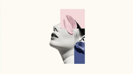 Wall Mural - woman's face is cut out of a white background. the woman's face is surrounded by a pink and blue bor
