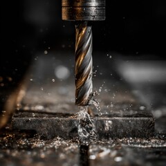 Poster - Metal drilling closeup with coolant liquid in industrial manufacturing process dark background