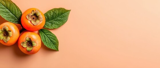 Aufkleber - Overhead Flat Lay of Fresh Persimmon Fruits with Green Leaves on Peach Background Minimalist Style Food Photography