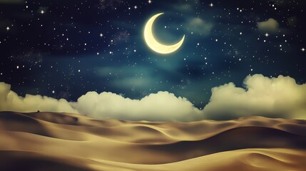 Wall Mural - the sky is dark and cloudy, with a crescent moon shining brightly in the middle. the clouds cover th