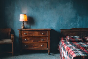 Leinwandbilder - Rustic bedroom interior with wooden dresser lamp chair and bed against textured blue wall moody lighting
