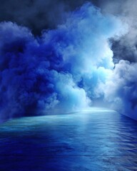 Aufkleber - Dramatic blue smoke over water surface abstract background studio shot for product display or presentation backdrop