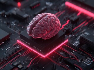 Fototapete - Artificial intelligence brain on computer chip close up futuristic technology concept studio shot