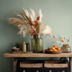 Aufkleber - Still Life of Dried Floral Arrangement in Glass Vase with Fruit Bowl on Rustic Wooden Console Table