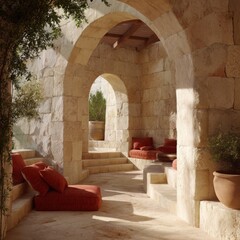 Leinwandbilder - Stone courtyard with arches and cushions, architectural detail, Mediterranean style, warm light, inviting space, relaxation area, outdoor living