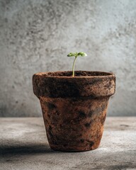 Poster - Close-up of a small green sprout growing in a rustic terracotta pot on a textured surface studio shot growth concept