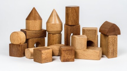 Fototapete - Wooden Building Blocks Arranged in a Pile Still Life Close Up Studio Shot on White Background for Children's Education and Creative Play