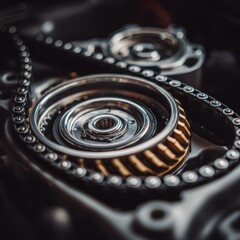 Aufkleber - Engine components close up featuring timing chain and gears in a dark automotive setting with a shallow depth of field