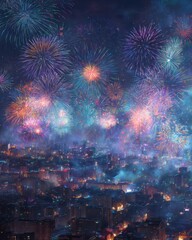 Poster - Aerial view of a city skyline with vibrant fireworks display at night celebration festive atmosphere colorful lights urban landscape