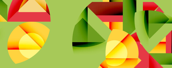 Poster - Abstract geometric composition. Overlapping shapes create dynamic visual interest. Colors include yellow, red, green. Modern design.