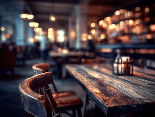 Aufkleber - Rustic wooden table and chairs in a dimly lit restaurant interior with bokeh lights and blurred background atmosphere