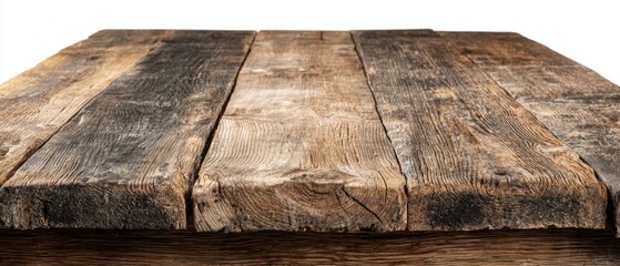 Poster - Rustic Wood Tabletop Close-Up Perspective on White Background for Product Mockups and Food Photography in Studio