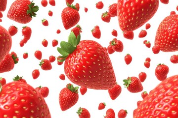 Aufkleber - Strawberries Falling on White Background Studio Shot of Fresh Red Berries in Motion for Food and Drink Concept