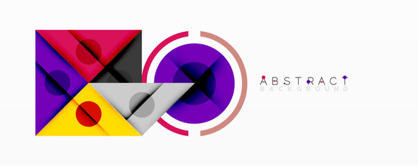 Fototapete - Geometric shapes overlap, creating vibrant composition. Purple, pink, yellow hues dominate design. Modern aesthetic.