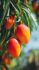 Poster - Close-up of Ripe Mangoes Hanging from Tree Branch in Tropical Orchard; Bright Sunlight, Vibrant Colors, Eye-level View, Exotic Fruit