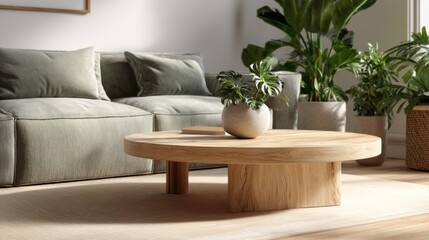 Aufkleber - Interior Living Room with Modern Round Wooden Coffee Table and Green Sofa, Houseplants, Cozy Home Decor, Sunlight