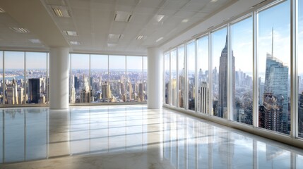 Poster - Empty Office Interior with Panoramic View of New York City Skyline Modern Architecture