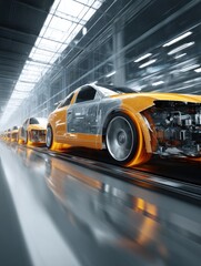 Aufkleber - Automotive assembly line with cars in production motion blur angle on tracks in factory with bright lights and modern design