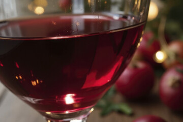 Wall Mural - close up view of glass filled with red beverage, reflecting warm lights and surrounded by fresh appl