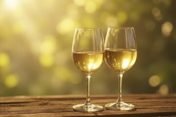 Wall Mural - pair of elegant wine glasses filled with white wine, set against soft, glowing background of blurred