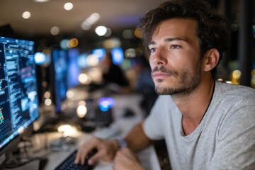 A concentrated programmer focuses on their computer screen late at night, emphasizing dedication and the tech industry's fast-paced nature in a modern workspace environment.