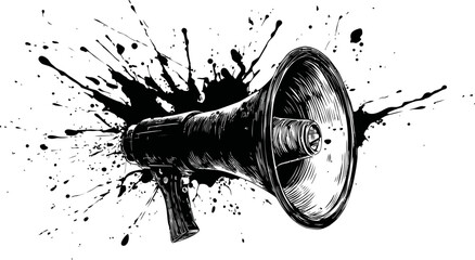 Poster - Black and white megaphone with ink splatters, dynamic abstract concept. Vector illustration