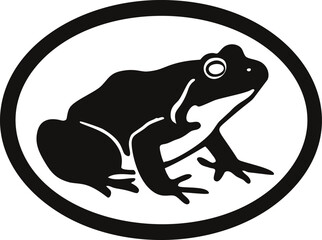 Poster - Black and white frog silhouette in an oval shape logo design. Vector illustration