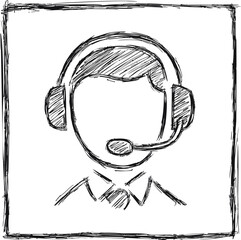 Poster - Sketch of a faceless customer support agent with headphones in black and white. Vector illustration